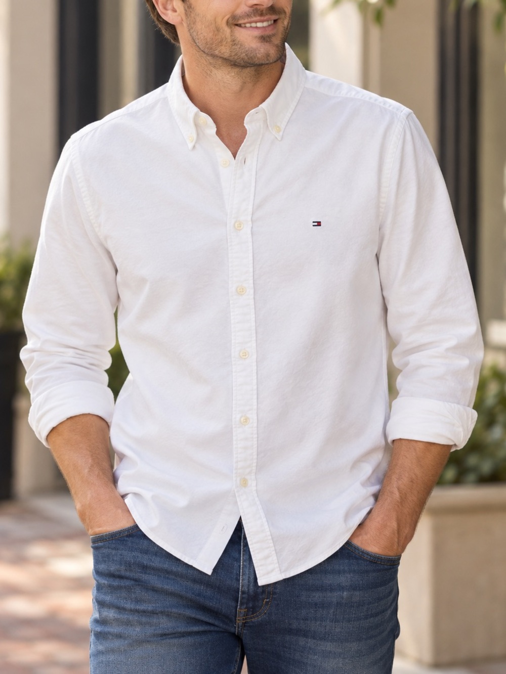 Tommy Hilfiger Men’s White Oxford Button Down Shirt Slim Fit Cotton Stretch L